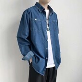 C911 πλυμένο φθαρμένο τζιν πουκάμισο για ανδρικό ανοιξιάτικο κορεάτικο φαρδύ και ψηλό μακρυμάνικο πουκάμισο εργασίας