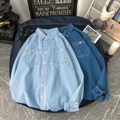 C911 πλυμένο φθαρμένο τζιν πουκάμισο για ανδρικό ανοιξιάτικο κορεάτικο φαρδύ και ψηλό μακρυμάνικο πουκάμισο εργασίας