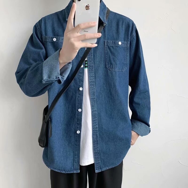 C911 πλυμένο φθαρμένο τζιν πουκάμισο για ανδρικό ανοιξιάτικο κορεάτικο φαρδύ και ψηλό μακρυμάνικο πουκάμισο εργασίας