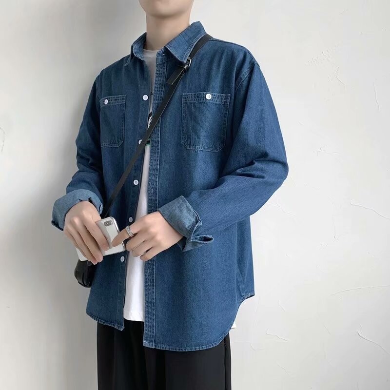 C911 πλυμένο φθαρμένο τζιν πουκάμισο για ανδρικό ανοιξιάτικο κορεάτικο φαρδύ και ψηλό μακρυμάνικο πουκάμισο εργασίας
