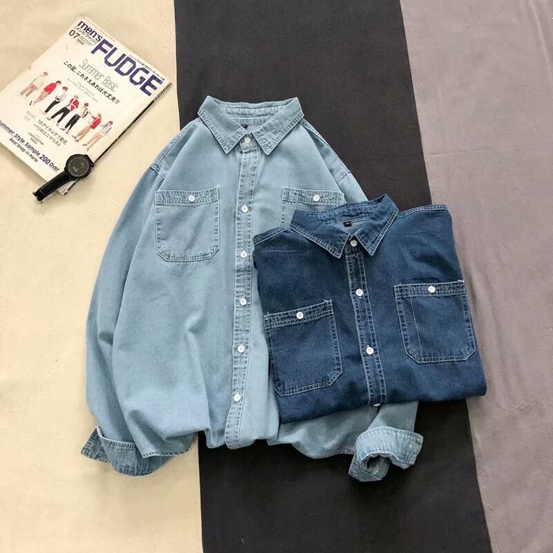 C911 πλυμένο φθαρμένο τζιν πουκάμισο για ανδρικό ανοιξιάτικο κορεάτικο φαρδύ και ψηλό μακρυμάνικο πουκάμισο εργασίας