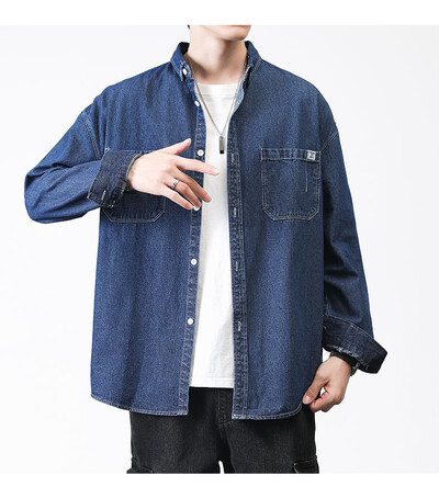 πλυμένο φθαρμένο τζιν πουκάμισο για ανδρική άνοιξη Κορεάτικο φαρδύ και ψηλό μακρυμάνικο πουκάμισο εργασίας oversized