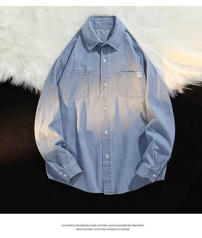 πλυμένο φθαρμένο τζιν πουκάμισο για ανδρική άνοιξη Κορεάτικο φαρδύ και ψηλό μακρυμάνικο πουκάμισο εργασίας oversized