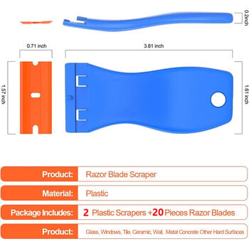 2бр. Пластмасови стъргалки за бръснач Препарат за отстраняване на лепило с 20бр. Ножчета Почистваща стъкла на автомобила Скрепер за бръснач за премахване на стикери Етикети