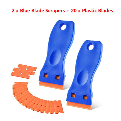 2 vnt. plastikiniai skutimosi peiliukų grandikliai, klijų valiklis su 20 vnt peiliais, automobilių stiklų valymo skustuvo grandiklis lipdukų etiketėms nuimti