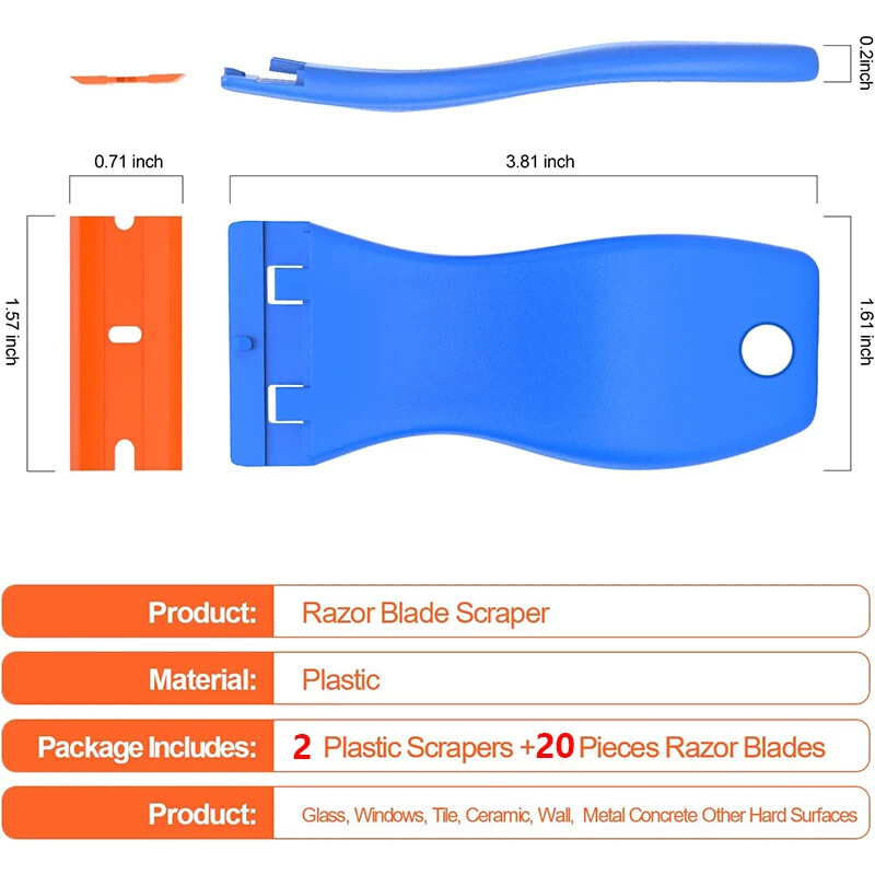 2 vnt. plastikiniai skutimosi peiliukų grandikliai, klijų valiklis su 20 vnt peiliais, automobilių stiklų valymo skustuvo grandiklis lipdukų etiketėms nuimti