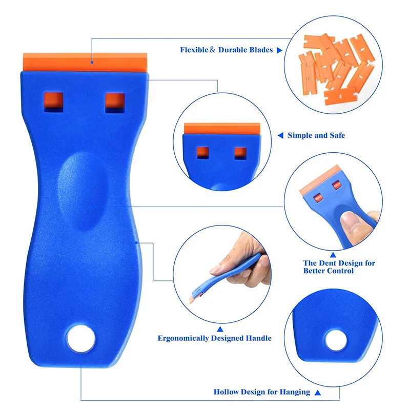 2 vnt. plastikiniai skutimosi peiliukų grandikliai, klijų valiklis su 20 vnt peiliais, automobilių stiklų valymo skustuvo grandiklis lipdukų etiketėms nuimti