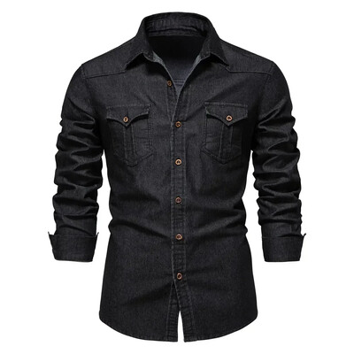 Cămașă din denim din bumbac elastic, bărbați, cu mânecă lungă, cămăși de cowboy de calitate pentru bărbați, ocazional, slim fit, îmbrăcăminte de designer pentru bărbați