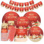 Priecīgus Ziemassvētku tematiskās ballītes Vienreizējās lietošanas galda piederumu komplekts Papīra šķīvji Salvetes Krūzes Galdauts Salmiņi Ziemassvētku ballītes dekors 2024 Jaunais gads