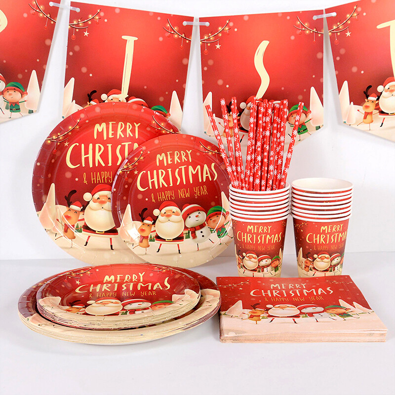 Priecīgus Ziemassvētku tematiskās ballītes Vienreizējās lietošanas galda piederumu komplekts Papīra šķīvji Salvetes Krūzes Galdauts Salmiņi Ziemassvētku ballītes dekors 2024 Jaunais gads