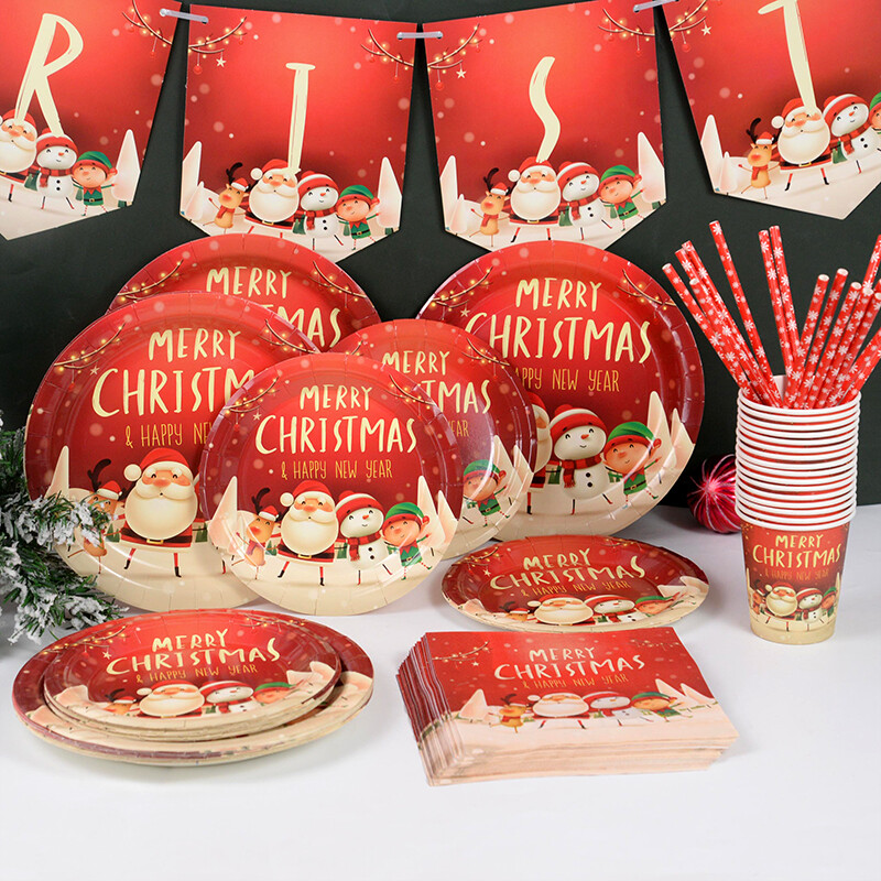 Priecīgus Ziemassvētku tematiskās ballītes Vienreizējās lietošanas galda piederumu komplekts Papīra šķīvji Salvetes Krūzes Galdauts Salmiņi Ziemassvētku ballītes dekors 2024 Jaunais gads