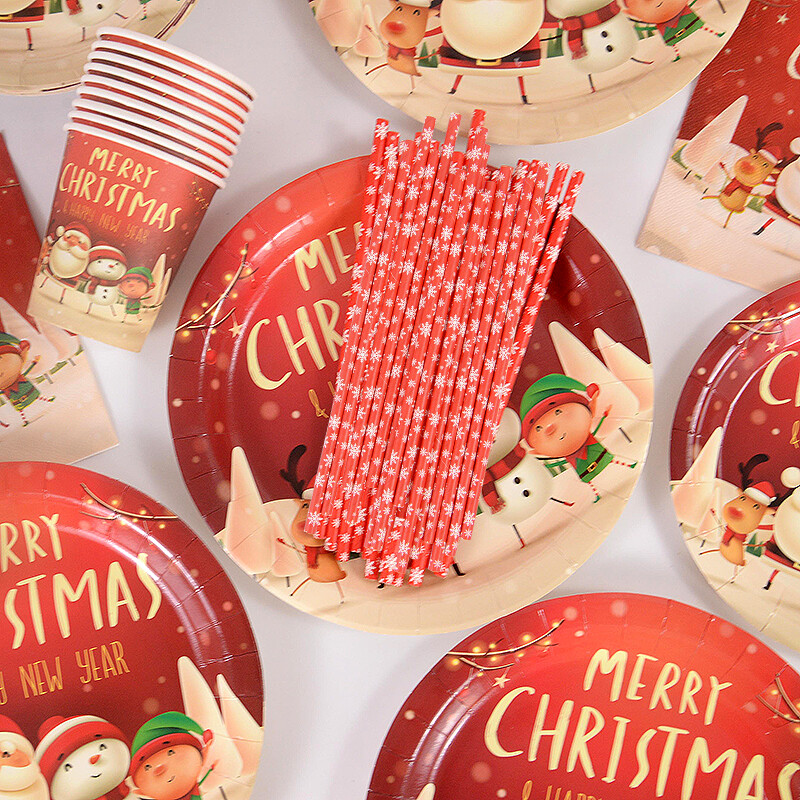 Priecīgus Ziemassvētku tematiskās ballītes Vienreizējās lietošanas galda piederumu komplekts Papīra šķīvji Salvetes Krūzes Galdauts Salmiņi Ziemassvētku ballītes dekors 2024 Jaunais gads