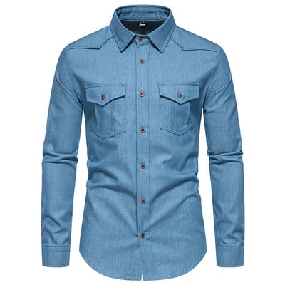 Jauns vīriešu džinsa krekls rudens garām piedurknēm kvalitatīvi kovboju krekli vīriešiem ikdienas vīriešu divas kabatas Dizaina džinsa apģērbs