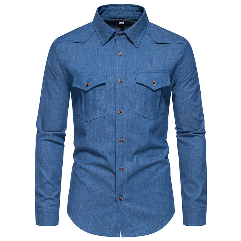 Jauns vīriešu džinsa krekls rudens garām piedurknēm kvalitatīvi kovboju krekli vīriešiem ikdienas vīriešu divas kabatas Dizaina džinsa apģērbs