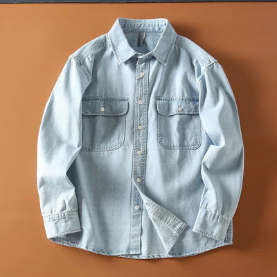 Korejas stila vīriešu džinsa darba krekls garām piedurknēm ikdienas modes krekls pavasarim un rudenim stilīgs vīriešu apģērbs