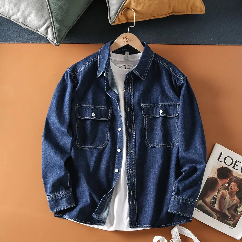 Korejas stila vīriešu džinsa darba krekls garām piedurknēm ikdienas modes krekls pavasarim un rudenim stilīgs vīriešu apģērbs