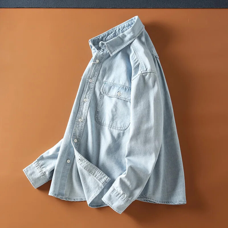Korejas stila vīriešu džinsa darba krekls garām piedurknēm ikdienas modes krekls pavasarim un rudenim stilīgs vīriešu apģērbs