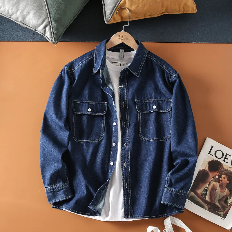 Korejas stila vīriešu džinsa darba krekls garām piedurknēm ikdienas modes krekls pavasarim un rudenim stilīgs vīriešu apģērbs