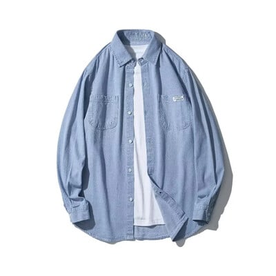 Ανδρικό τζιν πουκάμισο casual με φαρδιά μοντέρνο πέτο με λεπτό ύφος Χονγκ Κονγκ, μακρυμάνικο, casual γυναικείο μπουφάν