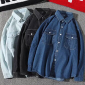 Amerikāņu stila unisex Soft Wash nomākts krekls ar garām piedurknēm Modes, moderns vintage Street Wear dubultā kabatas džinsa krekls