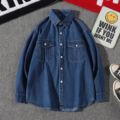 Amerikāņu stila unisex Soft Wash nomākts krekls ar garām piedurknēm Modes, moderns vintage Street Wear dubultā kabatas džinsa krekls