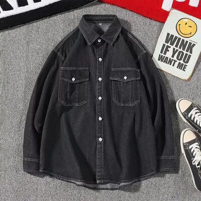 Amerikāņu stila unisex Soft Wash nomākts krekls ar garām piedurknēm Modes, moderns vintage Street Wear dubultā kabatas džinsa krekls