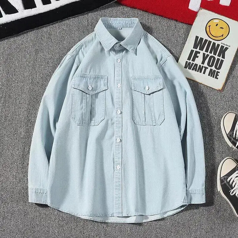 Amerikāņu stila unisex Soft Wash nomākts krekls ar garām piedurknēm Modes, moderns vintage Street Wear dubultā kabatas džinsa krekls