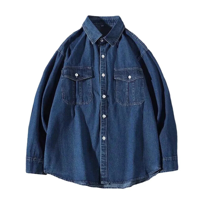 Amerikāņu stila unisex Soft Wash nomākts krekls ar garām piedurknēm Modes, moderns vintage Street Wear dubultā kabatas džinsa krekls