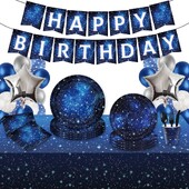 8Guests Zvaigžņotās debesis Tēma Dzimšanas dienas Vienreizlietojamie trauki Zils Nakts Zvaigžņotas Debess Šķīvji Krūzes Salvetes Daudz laimes dzimšanas dienas ballītes dekors