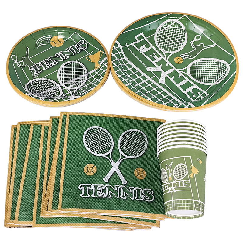 Tenisa sporta tematiski ballīšu galda piederumi.