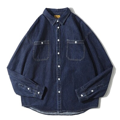 Ανδρικό πουκάμισο τζιν με ριγέ φθινοπώρου, μακρυμάνικο, χαλαρό, χαλαρό, καθημερινό πλύσιμο τζιν, πολυχρηστικό, μοντέρνο