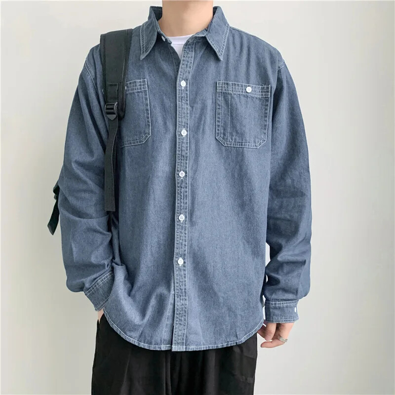 Ανδρικό μακρυμάνικο τζιν πουκάμισο Casual μοντέρνο κορεάτικο στυλ τετράγωνο γιακά Καλοκαιρινή μόδα Ευέλικτο μοντέρνο επώνυμο casual μπουφάν