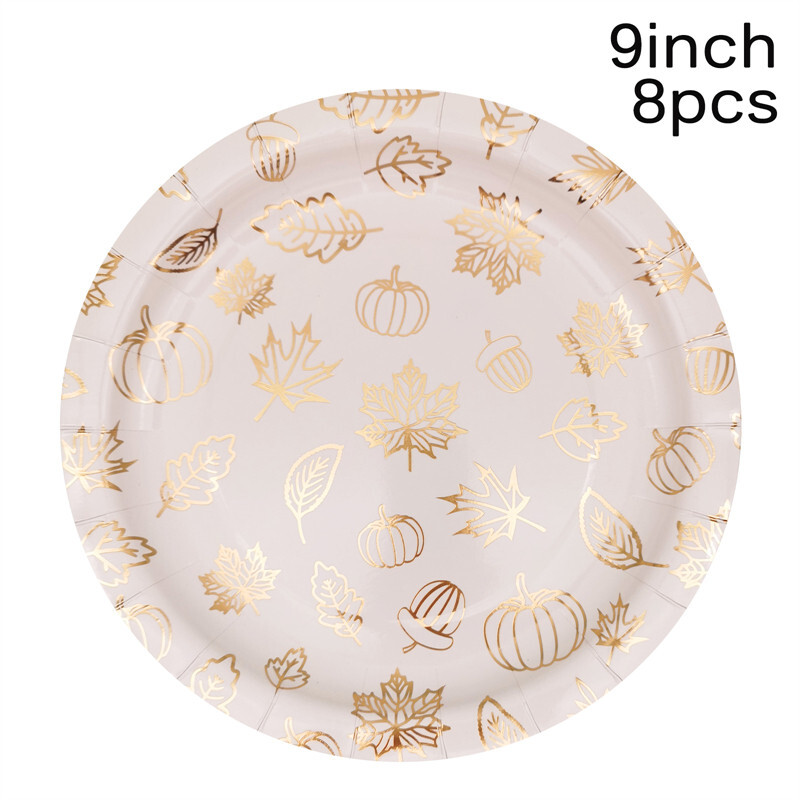 Μπρονζέ μοτίβο χάρτινα πιάτα κολοκύθας από φύλλα σφενδάμου Φλιτζάνια χαρτοπετσέτες Επιτραπέζια σκεύη μιας χρήσης για το φθινοπωρινό πάρτι των ευχαριστιών