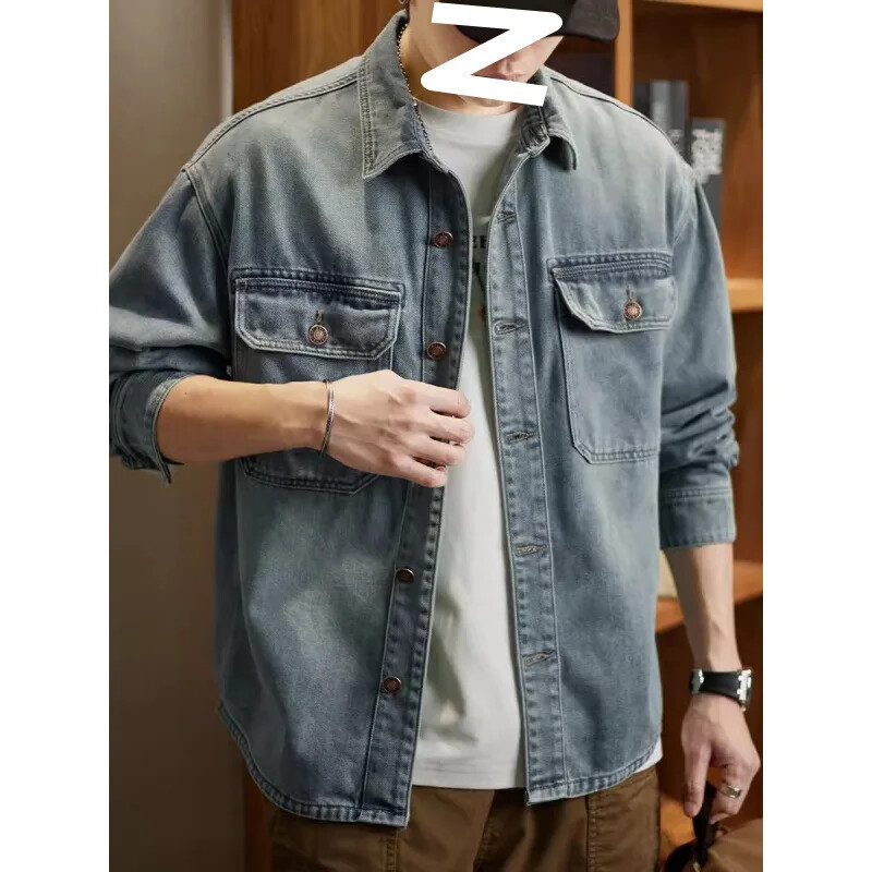 Ikdienas zils džinsa krekls ar garām piedurknēm vīriešiem brīvi pieguļošs, moderns zīmola lielizmēra darba uniforma vīriešiem, moderns Flow ikdienas tops
