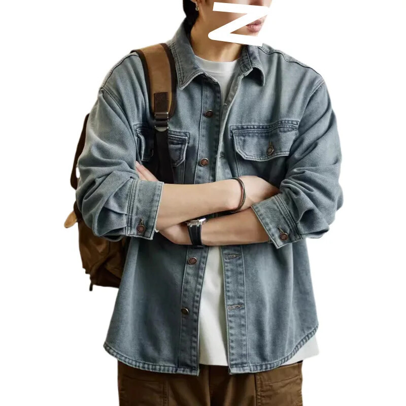 Ikdienas zils džinsa krekls ar garām piedurknēm vīriešiem brīvi pieguļošs, moderns zīmola lielizmēra darba uniforma vīriešiem, moderns Flow ikdienas tops