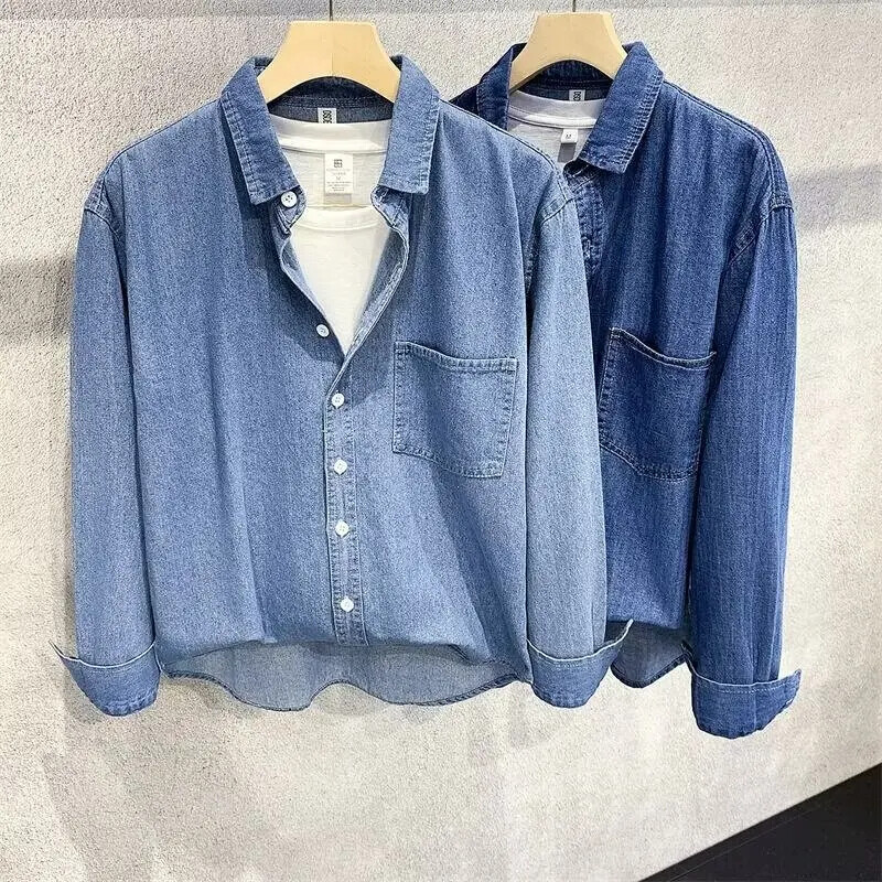 Pavasara rudens vīriešu ikdienas džinsa krekls ar iekšpusi slāņveida garām piedurknēm Vintage plāna jaka Moderns augšējais apģērbs