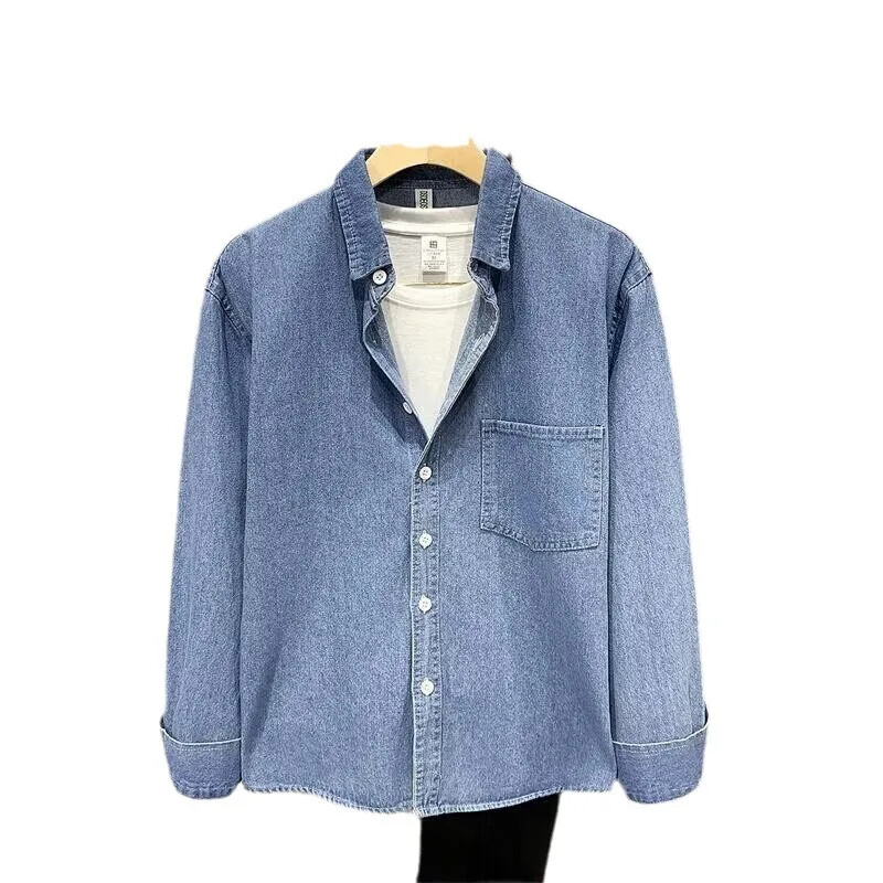 Pavasara rudens vīriešu ikdienas džinsa krekls ar iekšpusi slāņveida garām piedurknēm Vintage plāna jaka Moderns augšējais apģērbs
