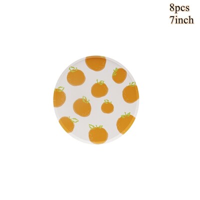 1 komplekts Augļi vienreizlietojamie galda trauki Apelsīnu citronu persiku šķīvji bērniem Vasaras augļu tematikā Daudz laimes dzimšanas dienas ballītes dekorācijas piederumi