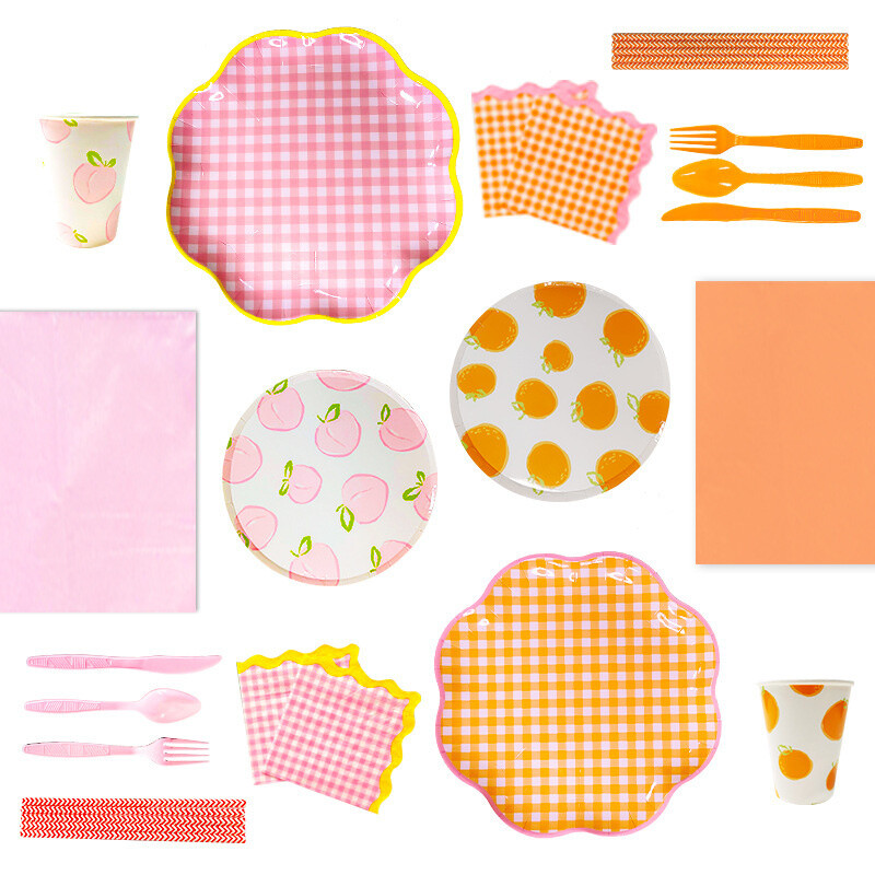 1 komplekts Augļi vienreizlietojamie galda trauki Apelsīnu citronu persiku šķīvji bērniem Vasaras augļu tematikā Daudz laimes dzimšanas dienas ballītes dekorācijas piederumi