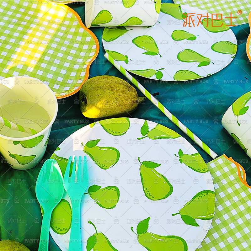 1 komplekts Augļi vienreizlietojamie galda trauki Apelsīnu citronu persiku šķīvji bērniem Vasaras augļu tematikā Daudz laimes dzimšanas dienas ballītes dekorācijas piederumi