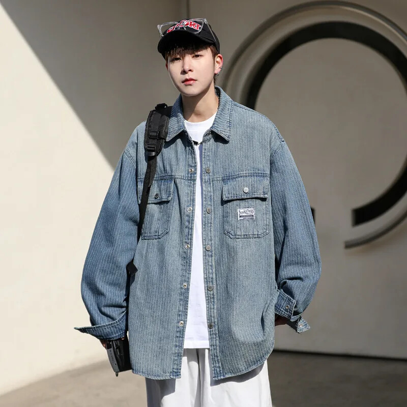 Pavasario rudens gradiento dryžuoti džinsiniai marškiniai vyriški amerikietiško stiliaus madingi prekės ženklo laisvai prigludę universalūs aukščiausios kokybės laisvalaikio striukė