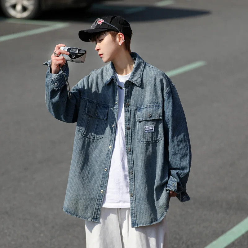 Pavasario rudens gradiento dryžuoti džinsiniai marškiniai vyriški amerikietiško stiliaus madingi prekės ženklo laisvai prigludę universalūs aukščiausios kokybės laisvalaikio striukė