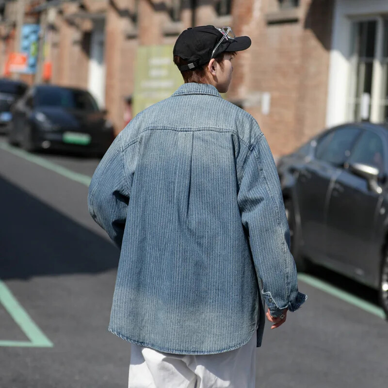 Pavasario rudens gradiento dryžuoti džinsiniai marškiniai vyriški amerikietiško stiliaus madingi prekės ženklo laisvai prigludę universalūs aukščiausios kokybės laisvalaikio striukė