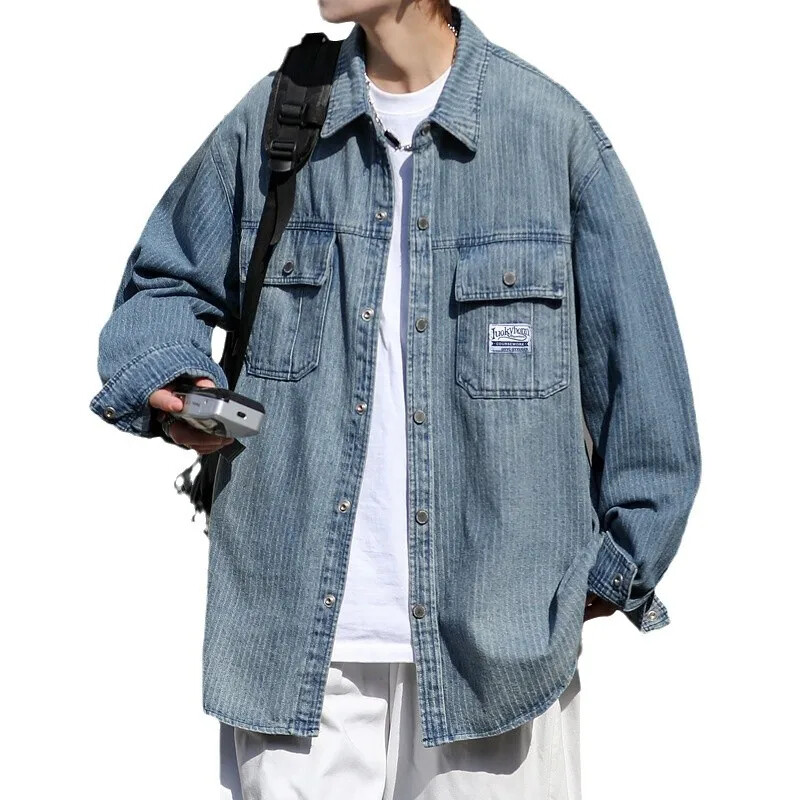 Pavasario rudens gradiento dryžuoti džinsiniai marškiniai vyriški amerikietiško stiliaus madingi prekės ženklo laisvai prigludę universalūs aukščiausios kokybės laisvalaikio striukė