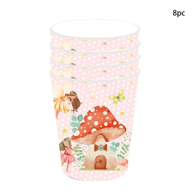 8Viesi Sēņu ziedu feja Vienreizlietojamie galda piederumi Elfs sēņu šķīvji Krūzes Salvetes Bērni Meitenes Daudz laimes princeses dzimšanas dienā