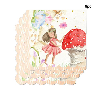 8Viesi Sēņu ziedu feja Vienreizlietojamie galda piederumi Elfs sēņu šķīvji Krūzes Salvetes Bērni Meitenes Daudz laimes princeses dzimšanas dienā