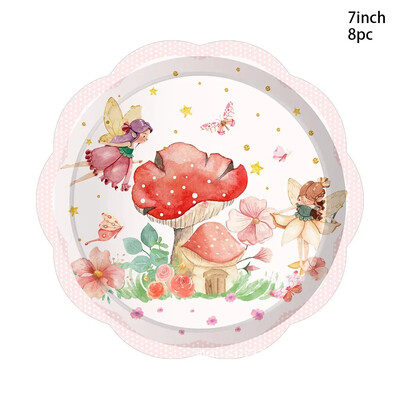 8Viesi Sēņu ziedu feja Vienreizlietojamie galda piederumi Elfs sēņu šķīvji Krūzes Salvetes Bērni Meitenes Daudz laimes princeses dzimšanas dienā