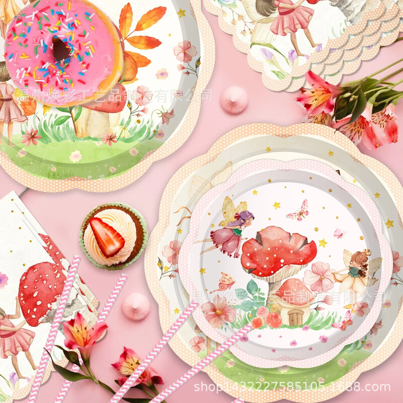 8Viesi Sēņu ziedu feja Vienreizlietojamie galda piederumi Elfs sēņu šķīvji Krūzes Salvetes Bērni Meitenes Daudz laimes princeses dzimšanas dienā