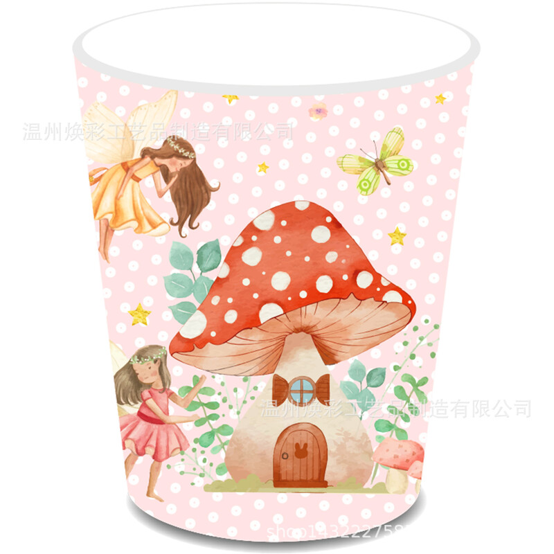 8Viesi Sēņu ziedu feja Vienreizlietojamie galda piederumi Elfs sēņu šķīvji Krūzes Salvetes Bērni Meitenes Daudz laimes princeses dzimšanas dienā