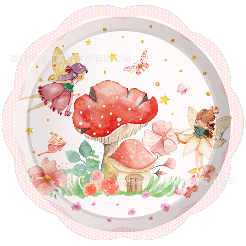 8Viesi Sēņu ziedu feja Vienreizlietojamie galda piederumi Elfs sēņu šķīvji Krūzes Salvetes Bērni Meitenes Daudz laimes princeses dzimšanas dienā